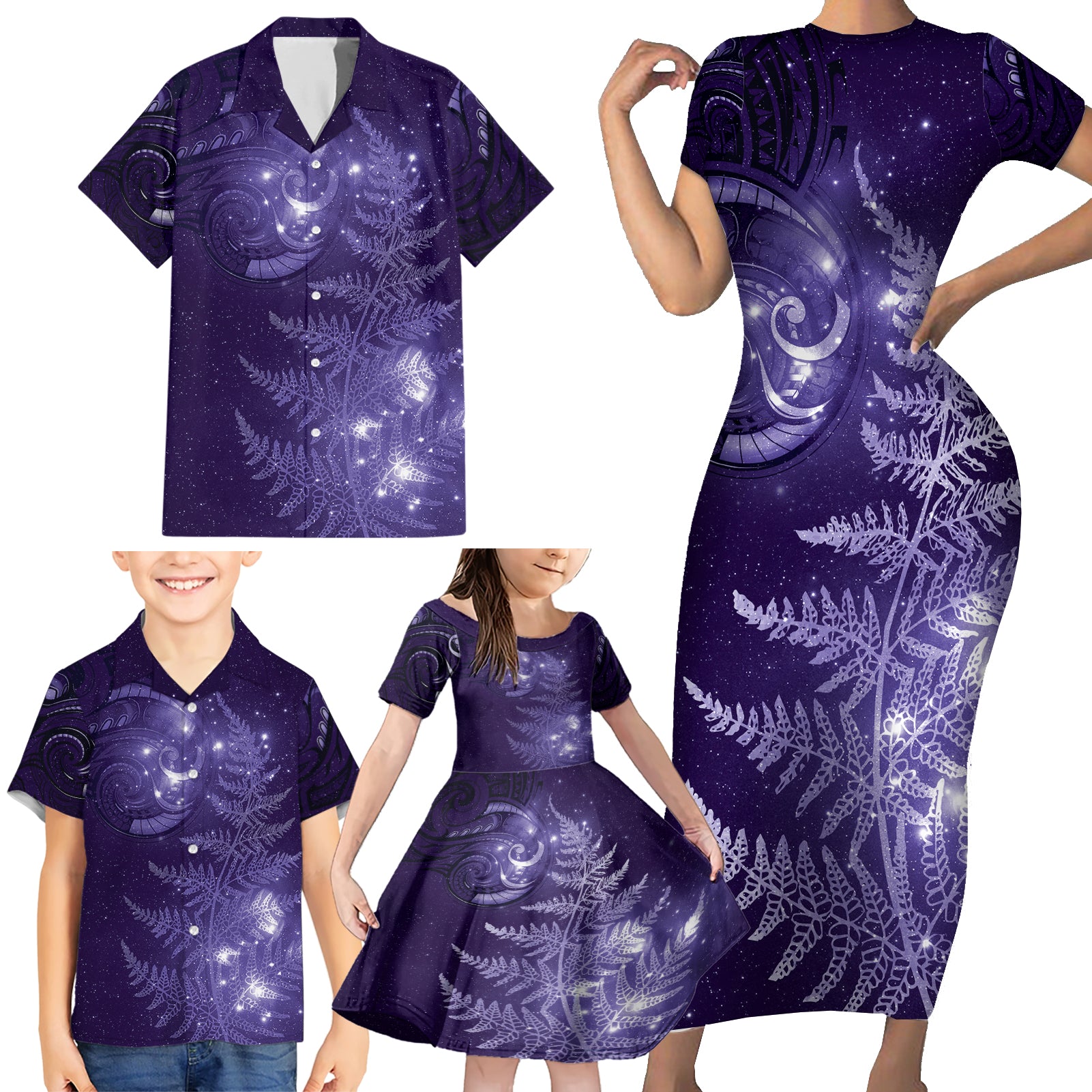 New Zealand Matariki Family Matching Short Sleeve Bodycon Dress and Hawaiian Shirt Purple Milky Way Stars Night Sky