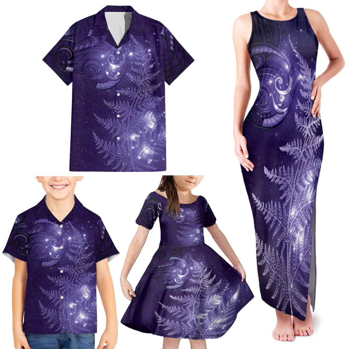 New Zealand Matariki Family Matching Tank Maxi Dress and Hawaiian Shirt Purple Milky Way Stars Night Sky