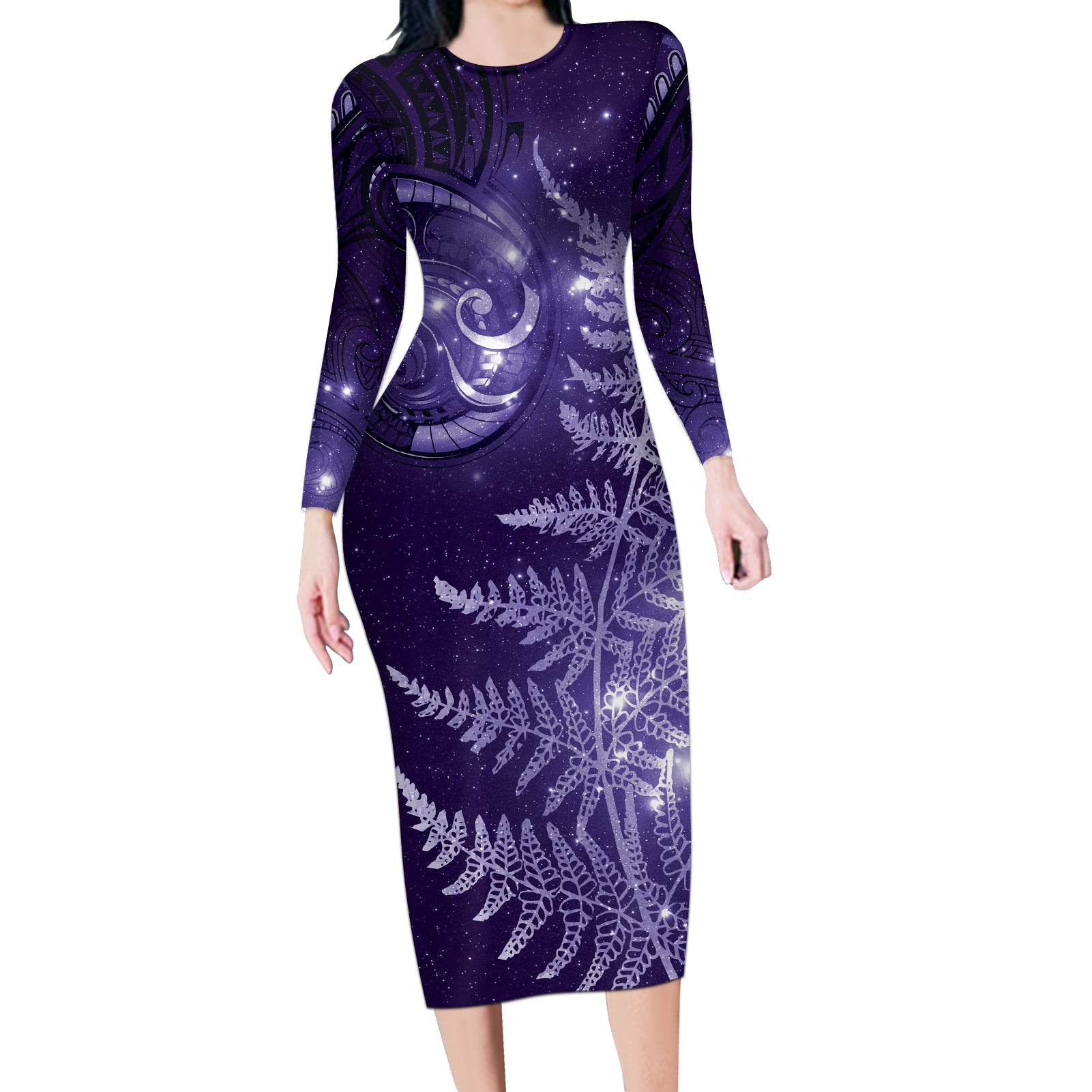 New Zealand Matariki Long Sleeve Bodycon Dress Purple Milky Way Stars Night Sky