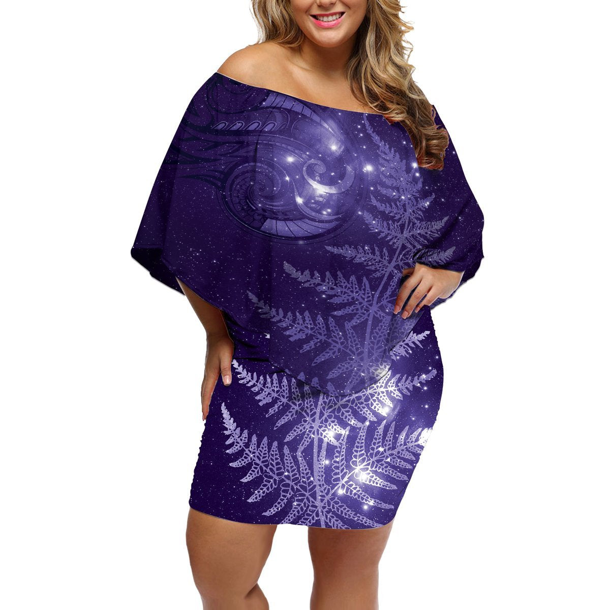 New Zealand Matariki Off Shoulder Short Dress Purple Milky Way Stars Night Sky LT9 Women Purple - Polynesian Pride