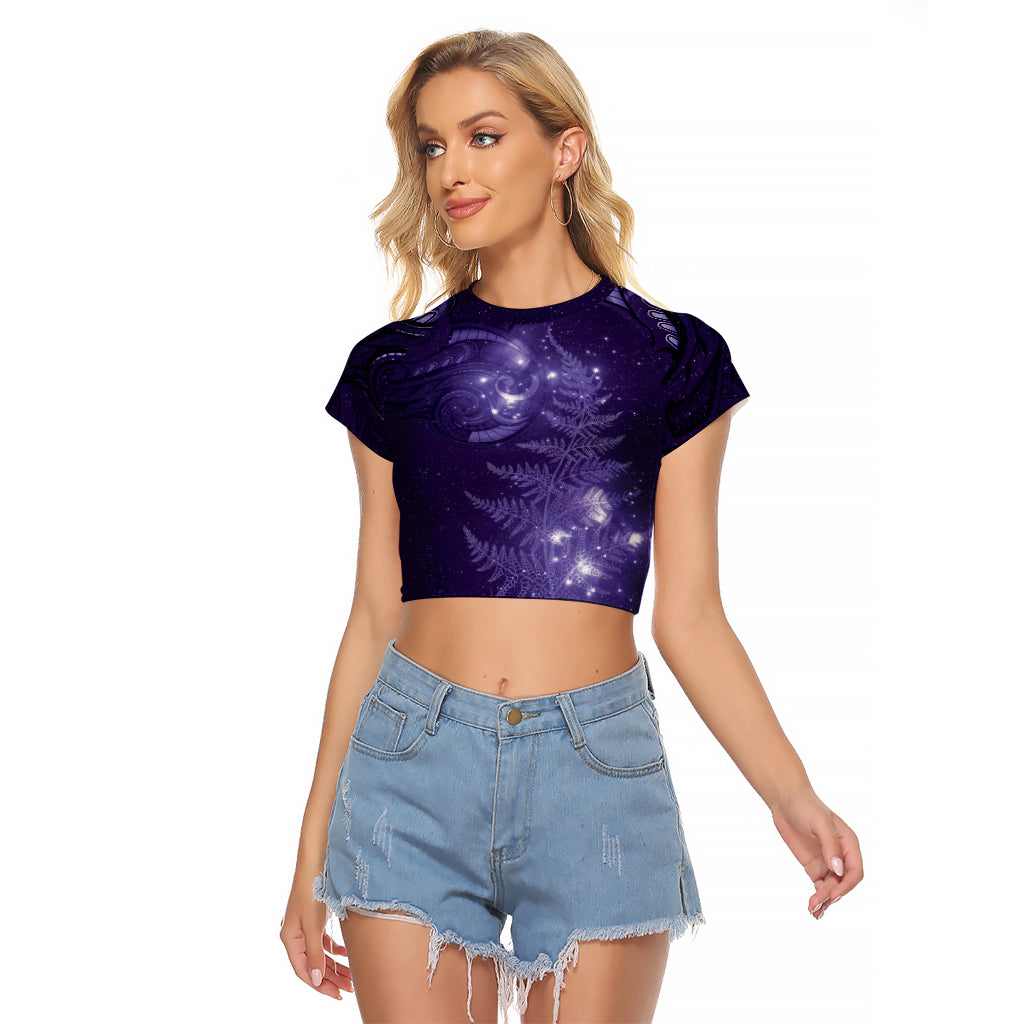 New Zealand Matariki Raglan Cropped T Shirt Purple Milky Way Stars Night Sky