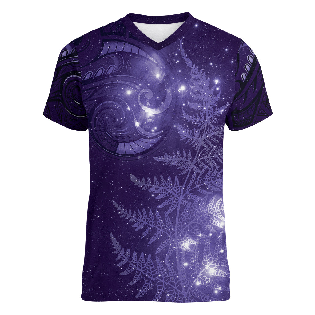 New Zealand Matariki Women V-Neck T-Shirt Purple Milky Way Stars Night Sky