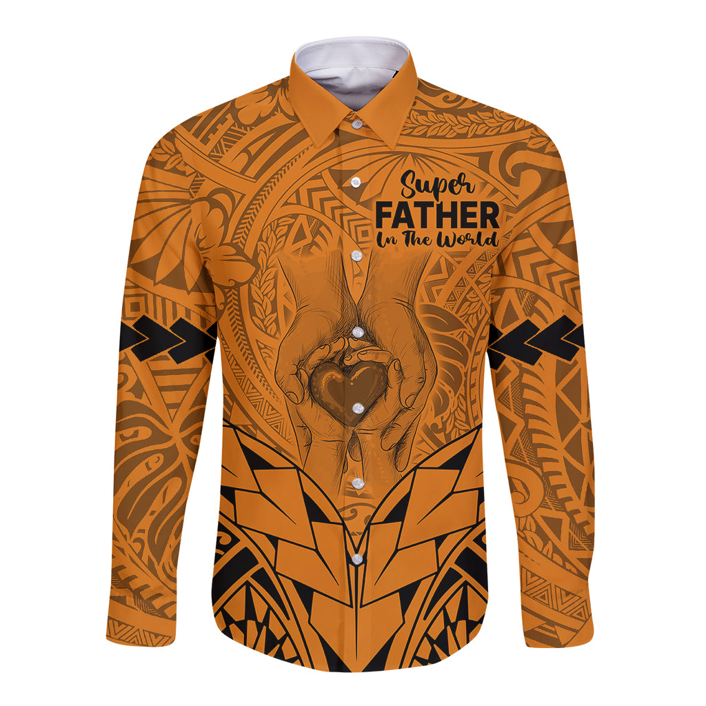 Polynesian Father's Day Gift For Dad Long Sleeve Button Shirt Super Father In The World - Gold Polynesian Pattern LT9 Unisex Gold - Polynesian Pride