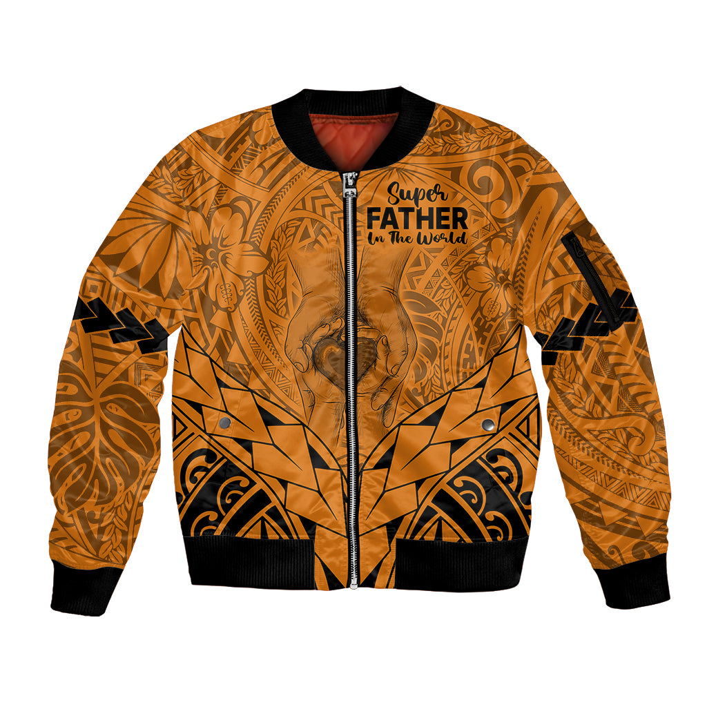 Polynesian Father's Day Gift For Dad Sleeve Zip Bomber Jacket Super Father In The World - Gold Polynesian Pattern LT9 Unisex Gold - Polynesian Pride