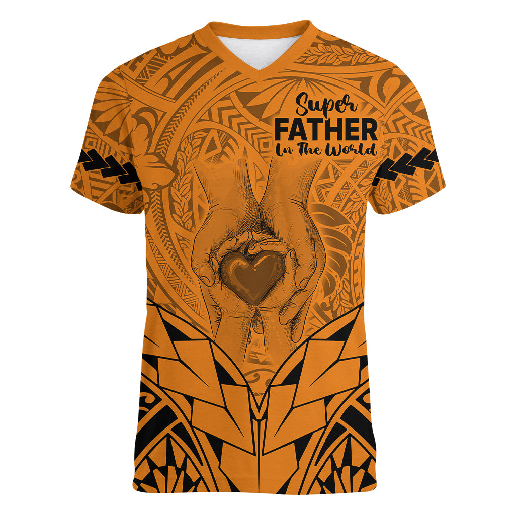 Polynesian Father's Day Gift For Dad Women V Neck T Shirt Super Father In The World - Gold Polynesian Pattern LT9 Female Gold - Polynesian Pride