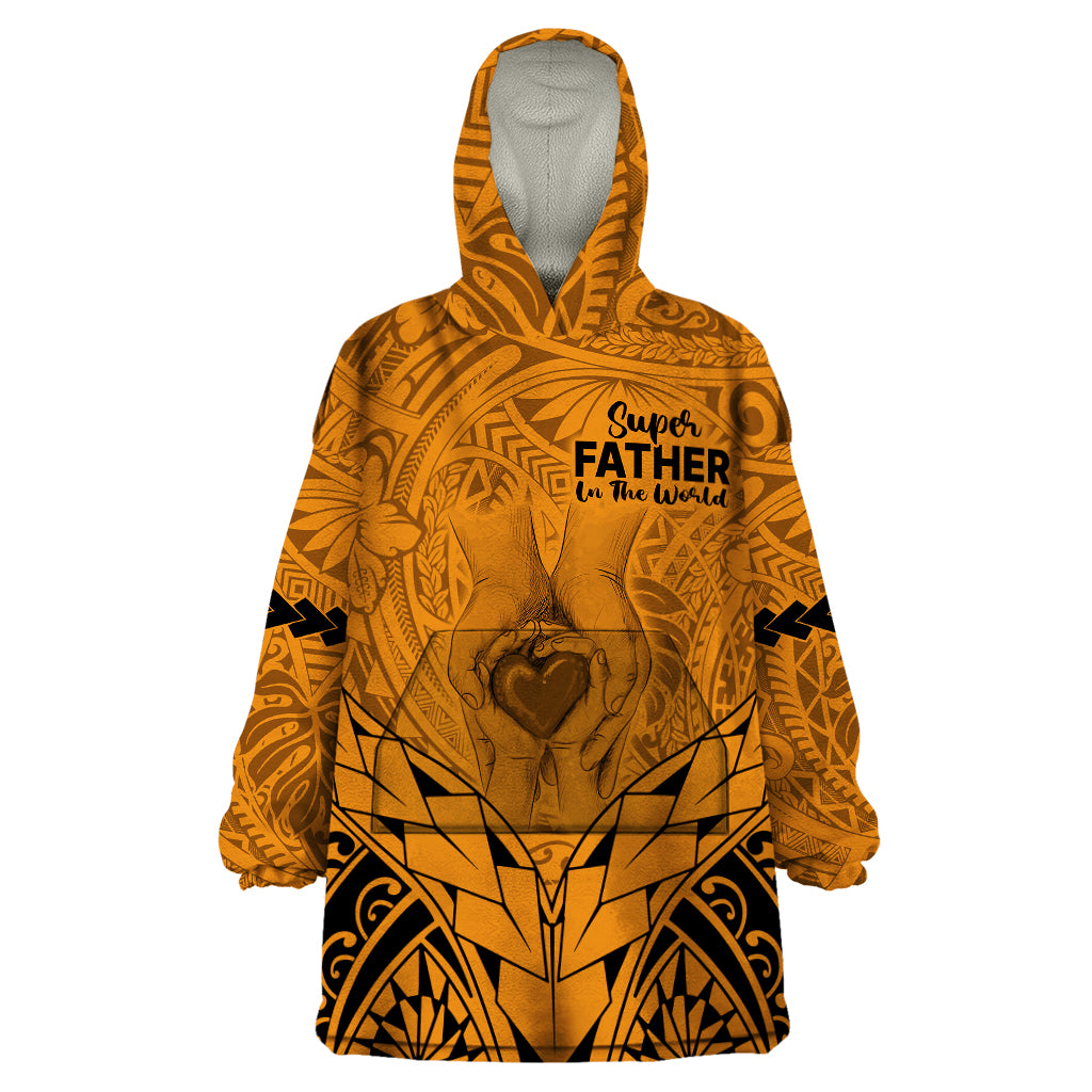 Personalised Polynesian Father's Day Gift For Dad Wearable Blanket Hoodie Super Father In The World - Gold Polynesian Pattern LT9 One Size Gold - Polynesian Pride