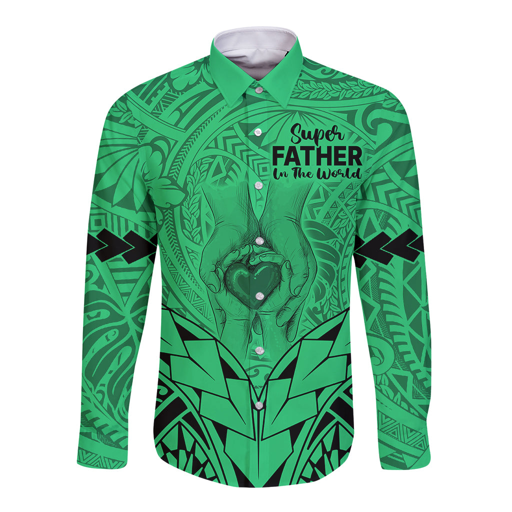 Polynesian Father's Day Gift For Dad Long Sleeve Button Shirt Super Father In The World - Green Polynesian Pattern LT9 Unisex Green - Polynesian Pride