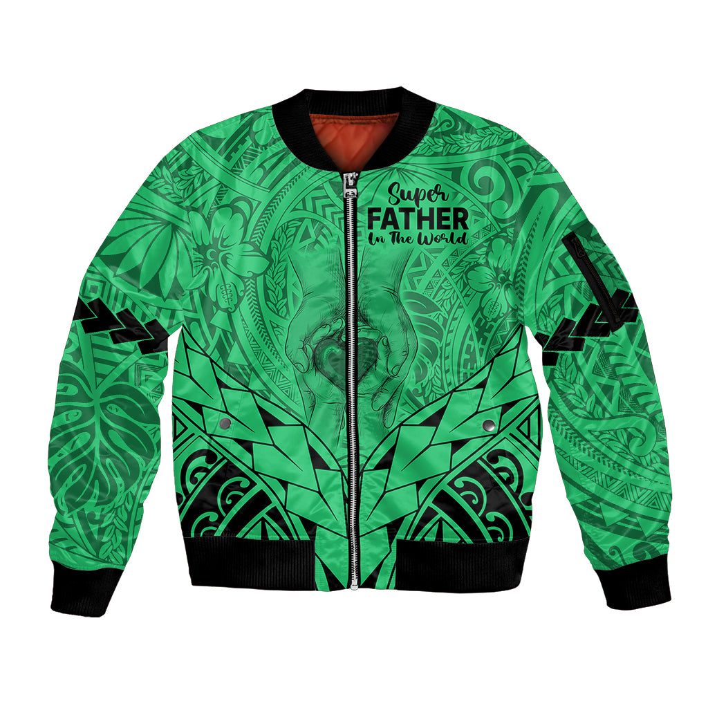 Personalised Polynesian Father's Day Gift For Dad Sleeve Zip Bomber Jacket Super Father In The World - Green Polynesian Pattern LT9 Unisex Green - Polynesian Pride