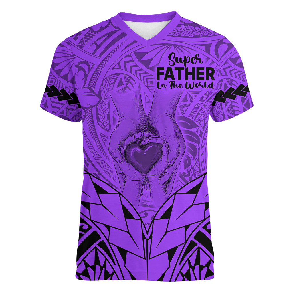 Personalised Polynesian Father's Day Gift For Dad Women V Neck T Shirt Super Father In The World - Purple Polynesian Pattern LT9 Female Purple - Polynesian Pride