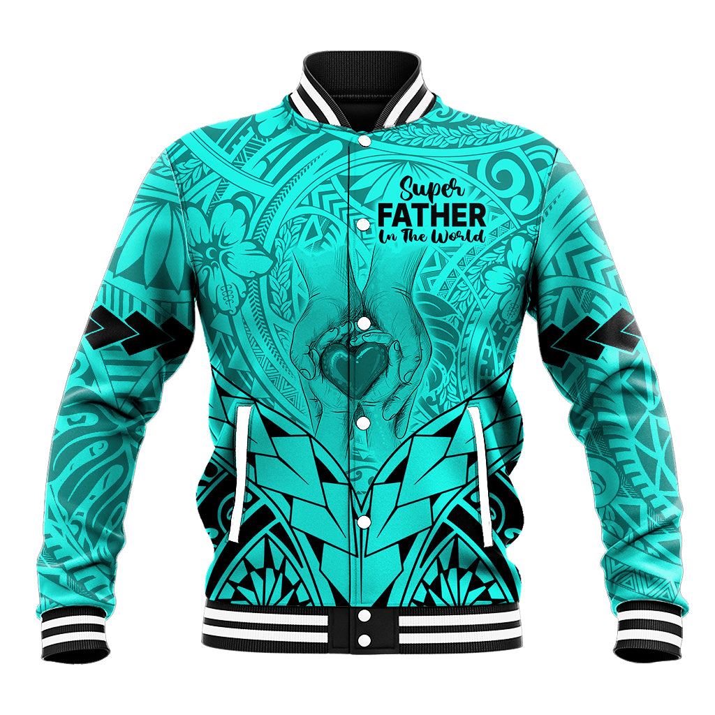 Polynesian Father's Day Gift For Dad Baseball Jacket Super Father In The World - Turquoise Polynesian Pattern LT9 Unisex Turquoise - Polynesian Pride