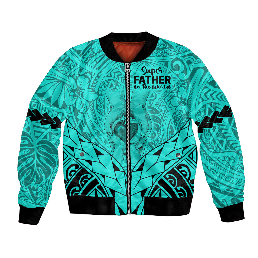 Polynesian Father's Day Gift For Dad Bomber Jacket Super Father In The World - Turquoise Polynesian Pattern LT9 Unisex Turquoise - Polynesian Pride