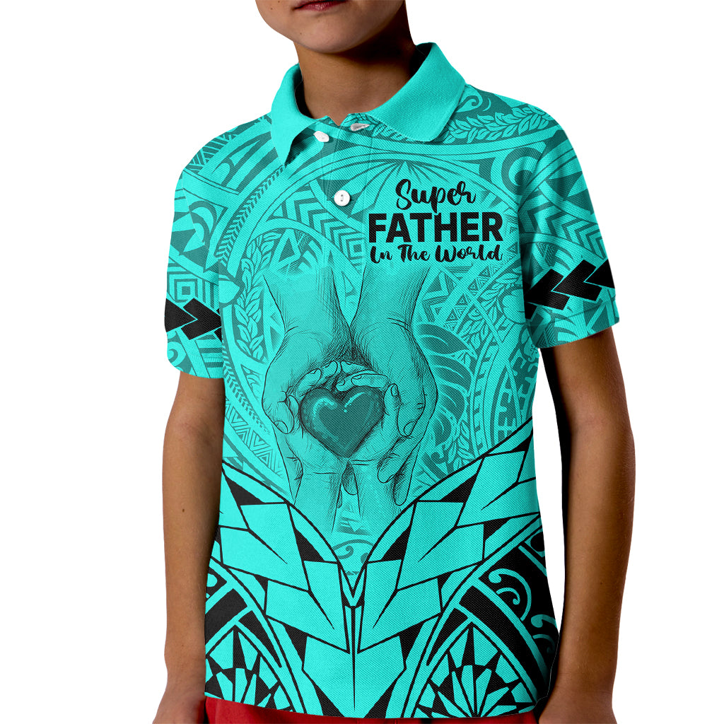 Polynesian Father's Day Gift For Dad Kid Polo Shirt Super Father In The World - Turquoise Polynesian Pattern LT9 Kid Turquoise - Polynesian Pride