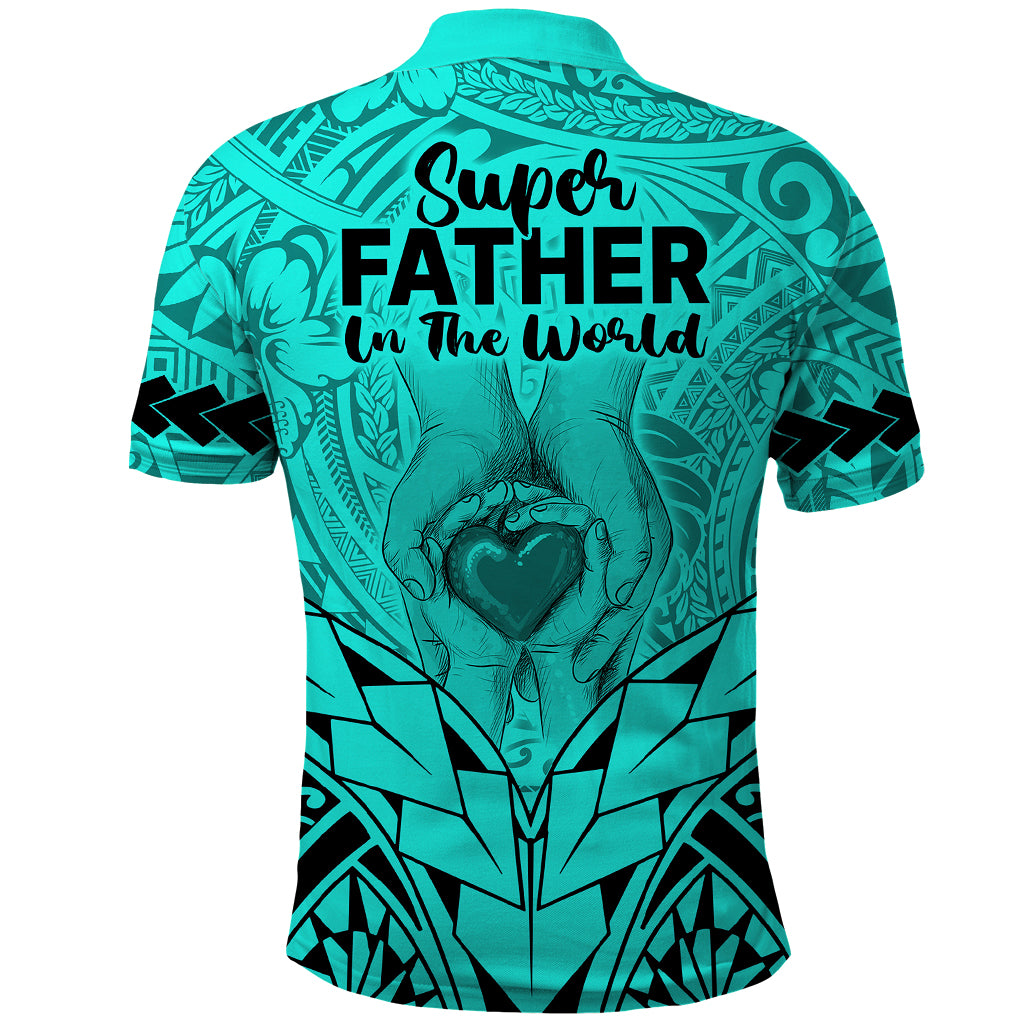 Polynesian Fathers Day Gift For Dad Polo Shirt Super Father In The World Turquoise Polynesian Pattern LT9 - Polynesian Pride