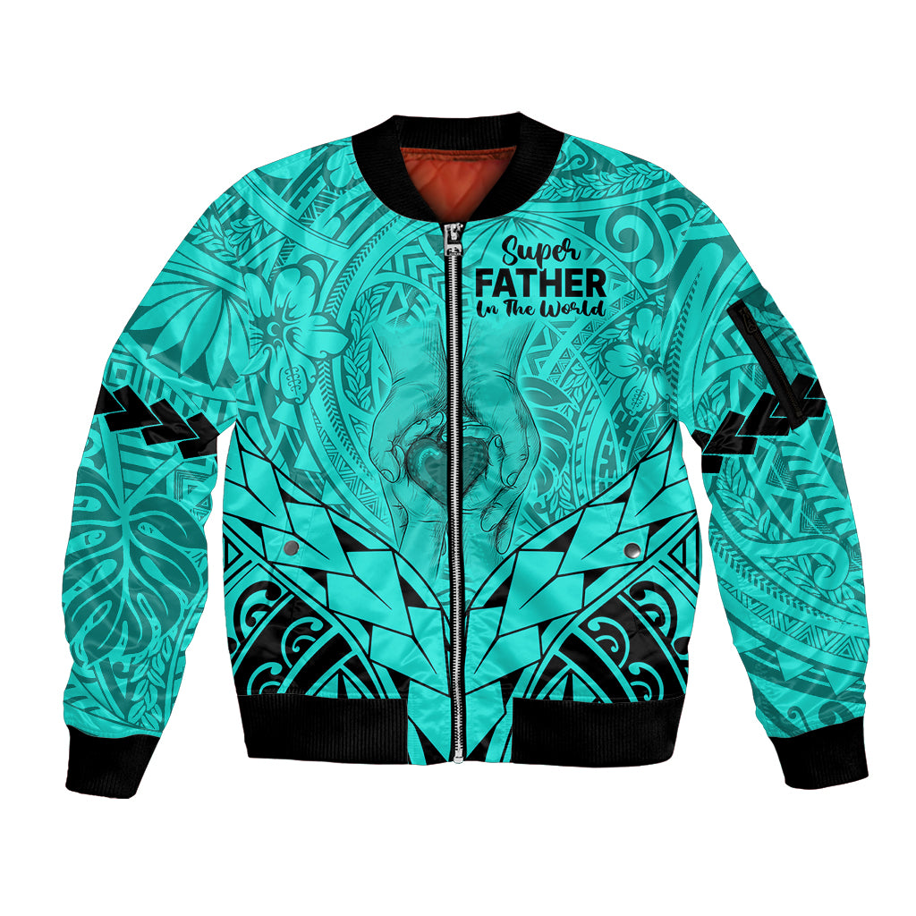 Polynesian Father's Day Gift For Dad Sleeve Zip Bomber Jacket Super Father In The World - Turquoise Polynesian Pattern LT9 Unisex Turquoise - Polynesian Pride