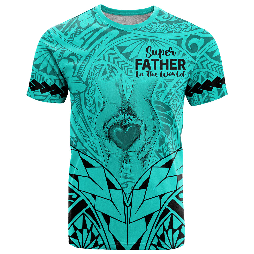 Polynesian Fathers Day Gift For Dad T Shirt Super Father In The World Turquoise Polynesian Pattern LT9 Turquoise - Polynesian Pride