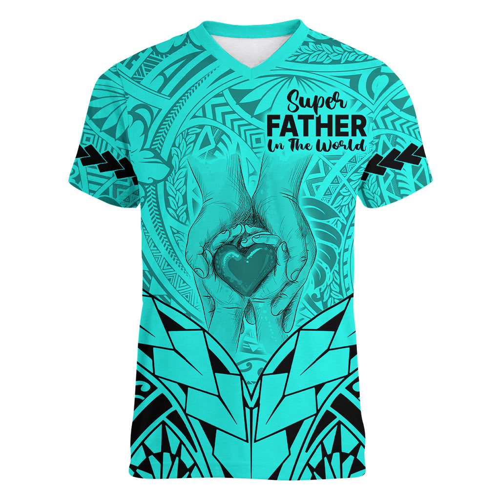 Polynesian Father's Day Gift For Dad Women V Neck T Shirt Super Father In The World - Turquoise Polynesian Pattern LT9 Female Turquoise - Polynesian Pride