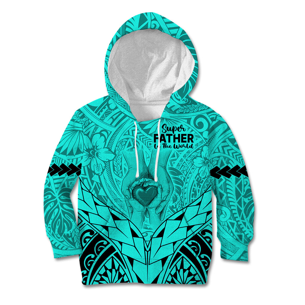 Personalised Polynesian Father's Day Gift For Dad Kid Hoodie Super Father In The World - Turquoise Polynesian Pattern LT9 Hoodie Turquoise - Polynesian Pride