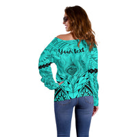 Personalised Polynesian Father's Day Gift For Dad Off Shoulder Sweater Super Father In The World - Turquoise Polynesian Pattern LT9 - Polynesian Pride