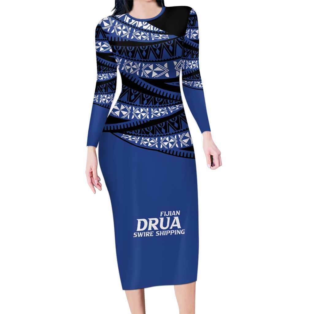 Fiji Rugby Pacific Custom Long Sleeve Bodycon Dress Pasifika Tapa Pattern LT9 Long Dress Blue - Polynesian Pride