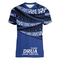 Fiji Rugby Pacific Custom Women V-Neck T-Shirt Pasifika Tapa Pattern LT9 Female Blue - Polynesian Pride