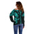 Hawaiian Tribal Off Shoulder Sweater Polynesian Kakau Turtle - Aqua LT9 - Polynesian Pride