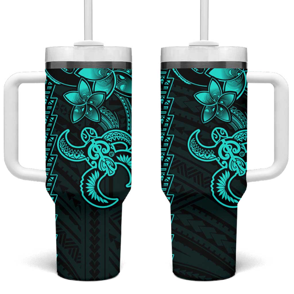 Aqua Hawaiian Kakau Turtle Tumbler With Handle Polynesian Tribal LT9 One Size: 40 oz Aqua - Polynesian Pride
