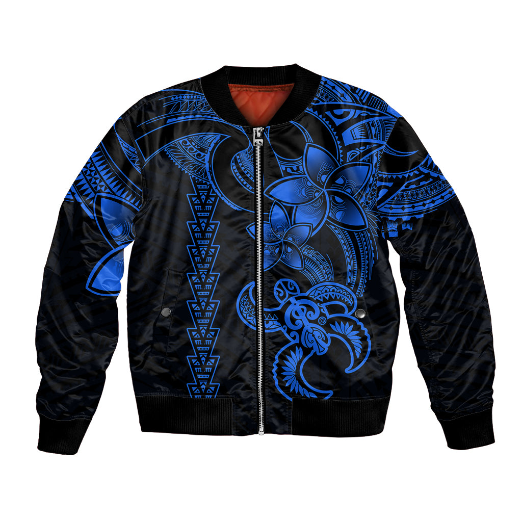 Hawaiian Tribal Bomber Jacket Polynesian Kakau Turtle - Blue LT9 Unisex Blue - Polynesian Pride