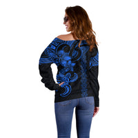 Hawaiian Tribal Off Shoulder Sweater Polynesian Kakau Turtle - Blue LT9 - Polynesian Pride