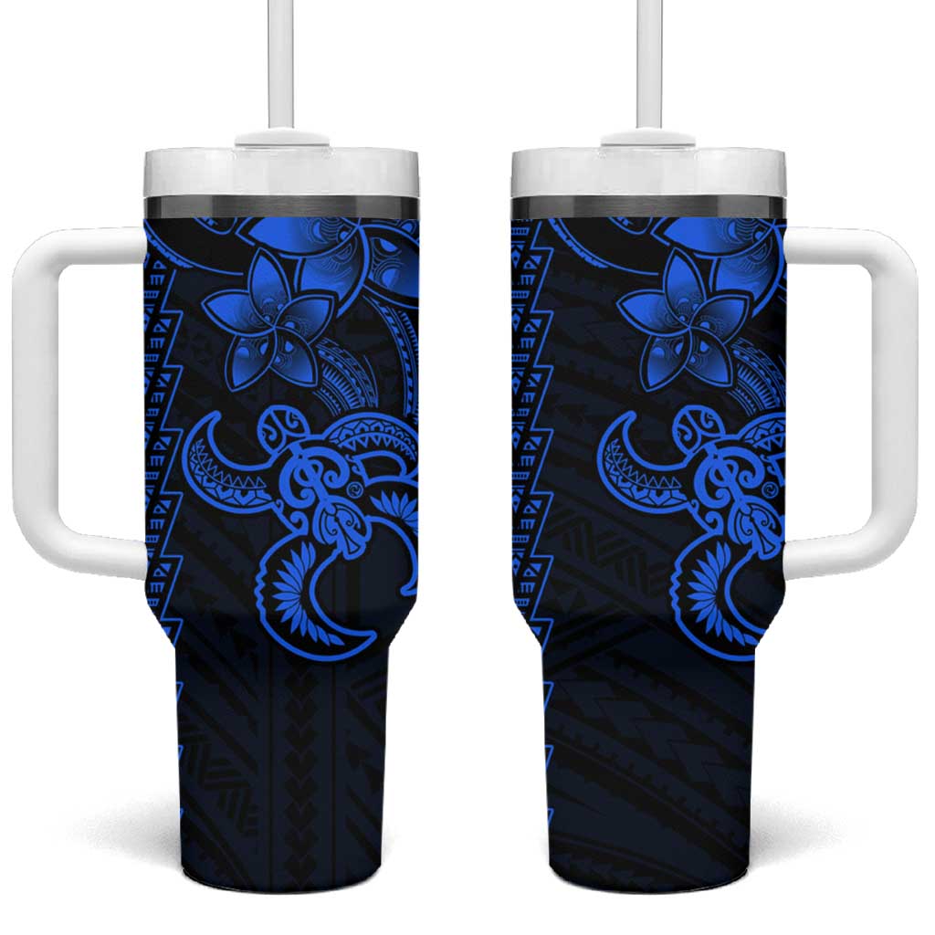 Blue Hawaiian Kakau Turtle Tumbler With Handle Polynesian Tribal LT9 One Size: 40 oz Blue - Polynesian Pride