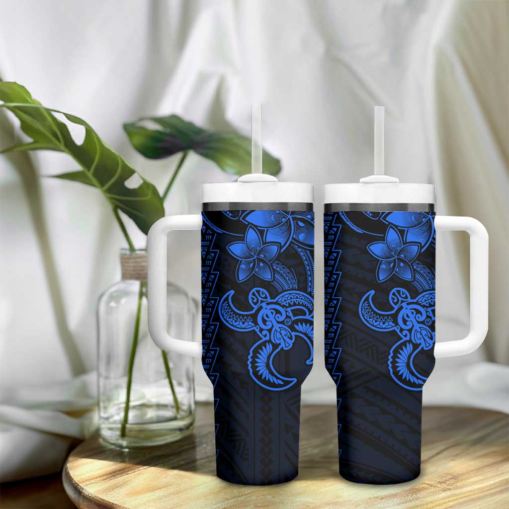 Blue Hawaiian Kakau Turtle Tumbler With Handle Polynesian Tribal LT9 - Polynesian Pride