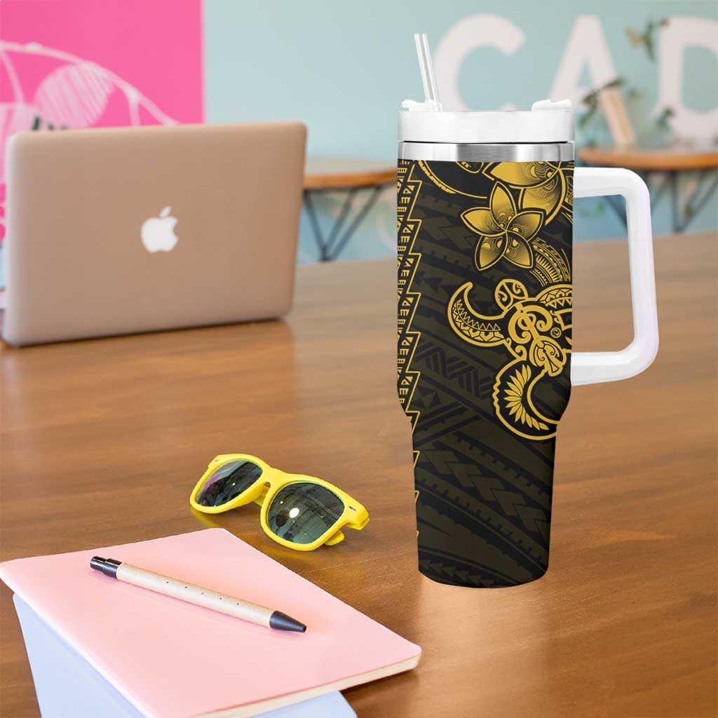Yellow Hawaiian Kakau Turtle Tumbler With Handle Polynesian Tribal LT9 - Polynesian Pride