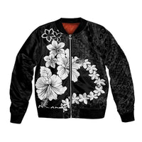 American Samoa Lotu Tamaiti Bomber Jacket White Sunday Plumeria Black Vibe LT9 Unisex Black - Polynesian Pride