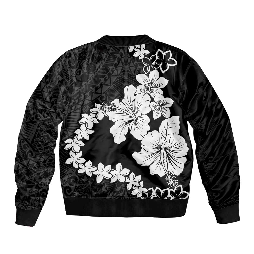 American Samoa Lotu Tamaiti Bomber Jacket White Sunday Plumeria Black Vibe LT9 - Polynesian Pride