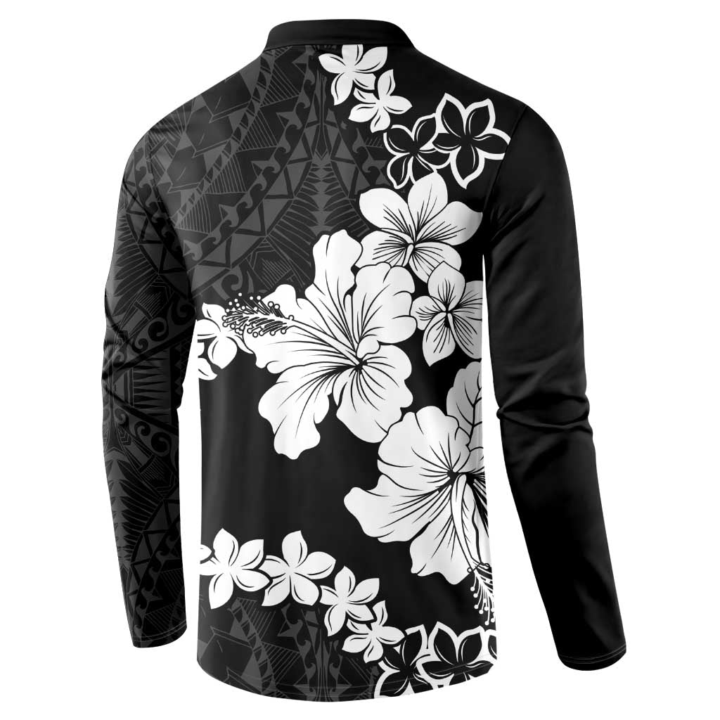 American Samoa Lotu Tamaiti Button Sweatshirt White Sunday Plumeria Black Vibe LT9 - Polynesian Pride
