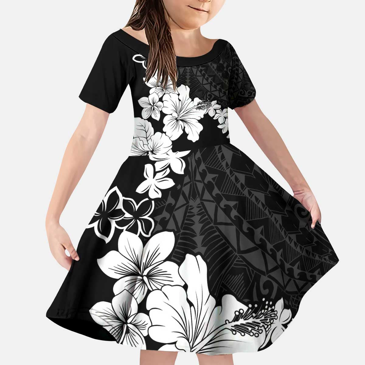 American Samoa Lotu Tamaiti Kid Short Sleeve Dress White Sunday Plumeria Black Vibe LT9 KID Black - Polynesian Pride