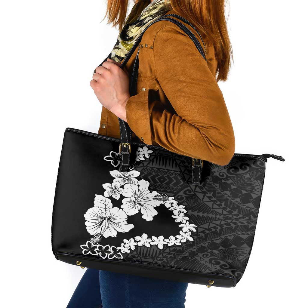 American Samoa Lotu Tamaiti Leather Tote Bag White Sunday Plumeria Black Vibe LT9 Black - Polynesian Pride