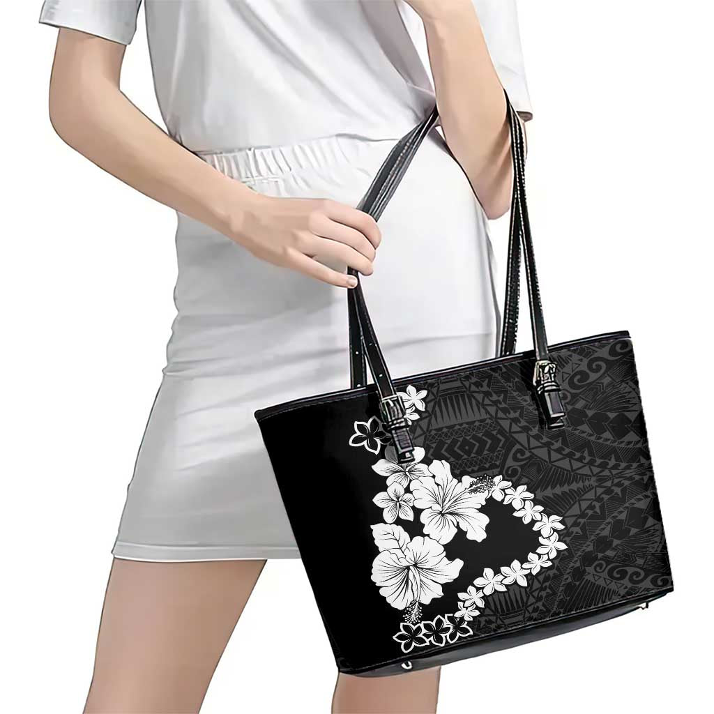 American Samoa Lotu Tamaiti Leather Tote Bag White Sunday Plumeria Black Vibe LT9 - Polynesian Pride