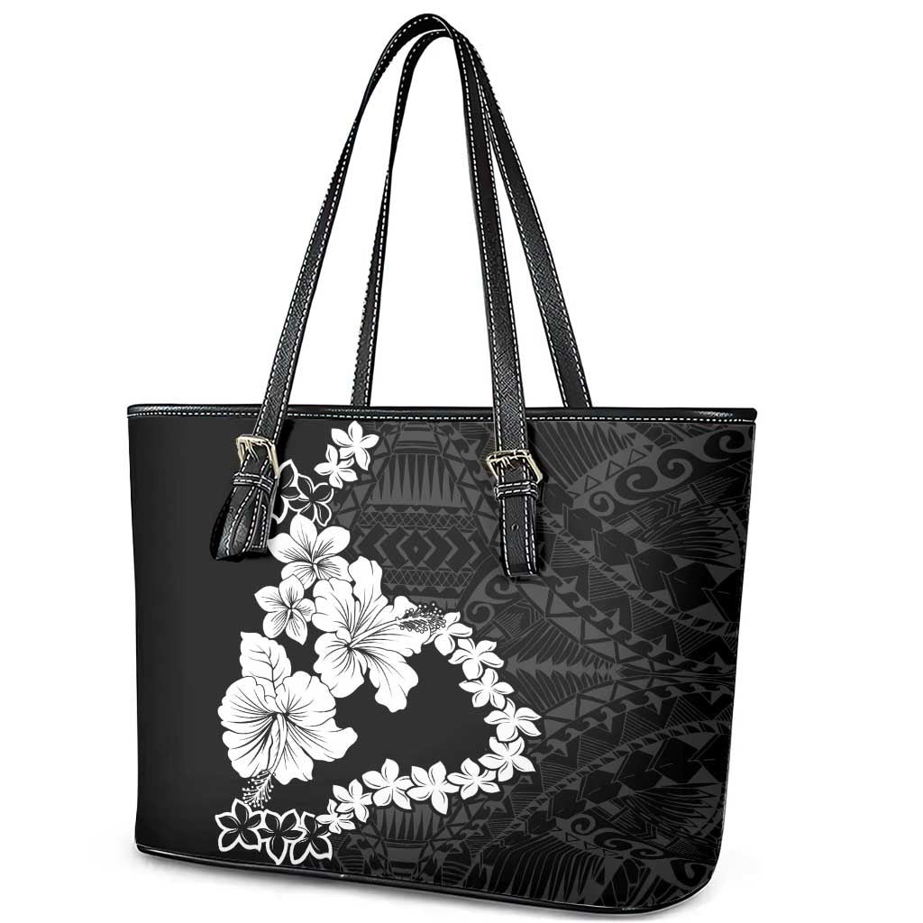 American Samoa Lotu Tamaiti Leather Tote Bag White Sunday Plumeria Black Vibe LT9 - Polynesian Pride