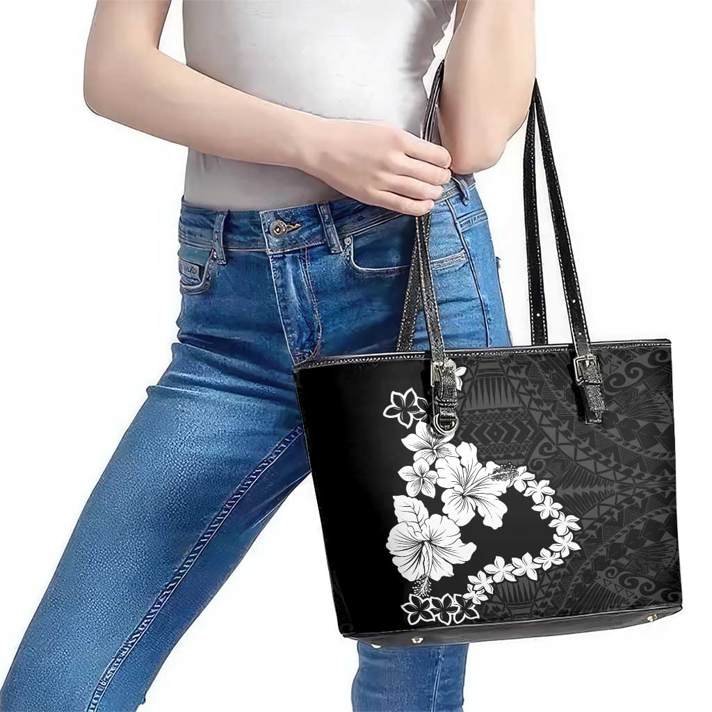 American Samoa Lotu Tamaiti Leather Tote Bag White Sunday Plumeria Black Vibe LT9 - Polynesian Pride