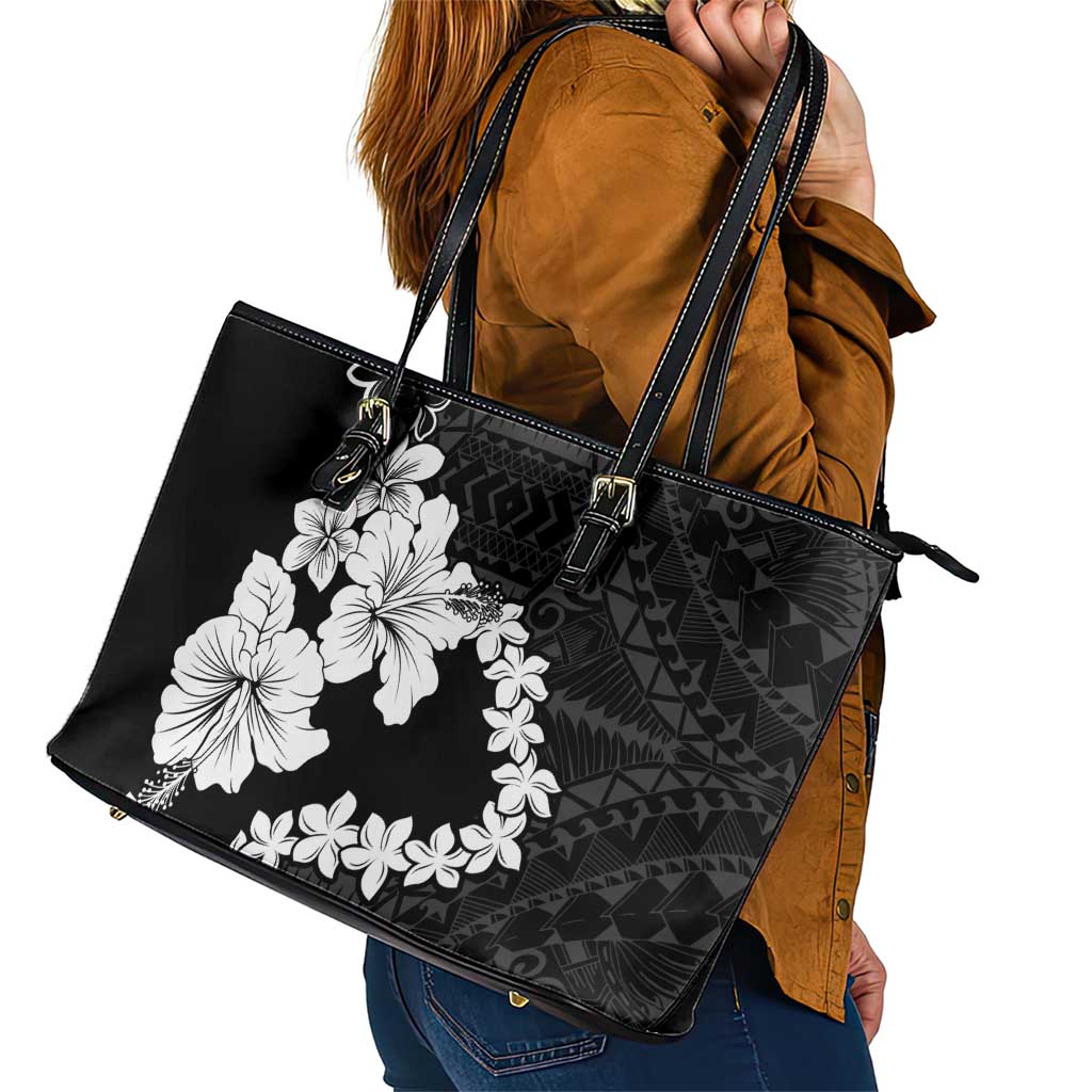 American Samoa Lotu Tamaiti Leather Tote Bag White Sunday Plumeria Black Vibe LT9 - Polynesian Pride