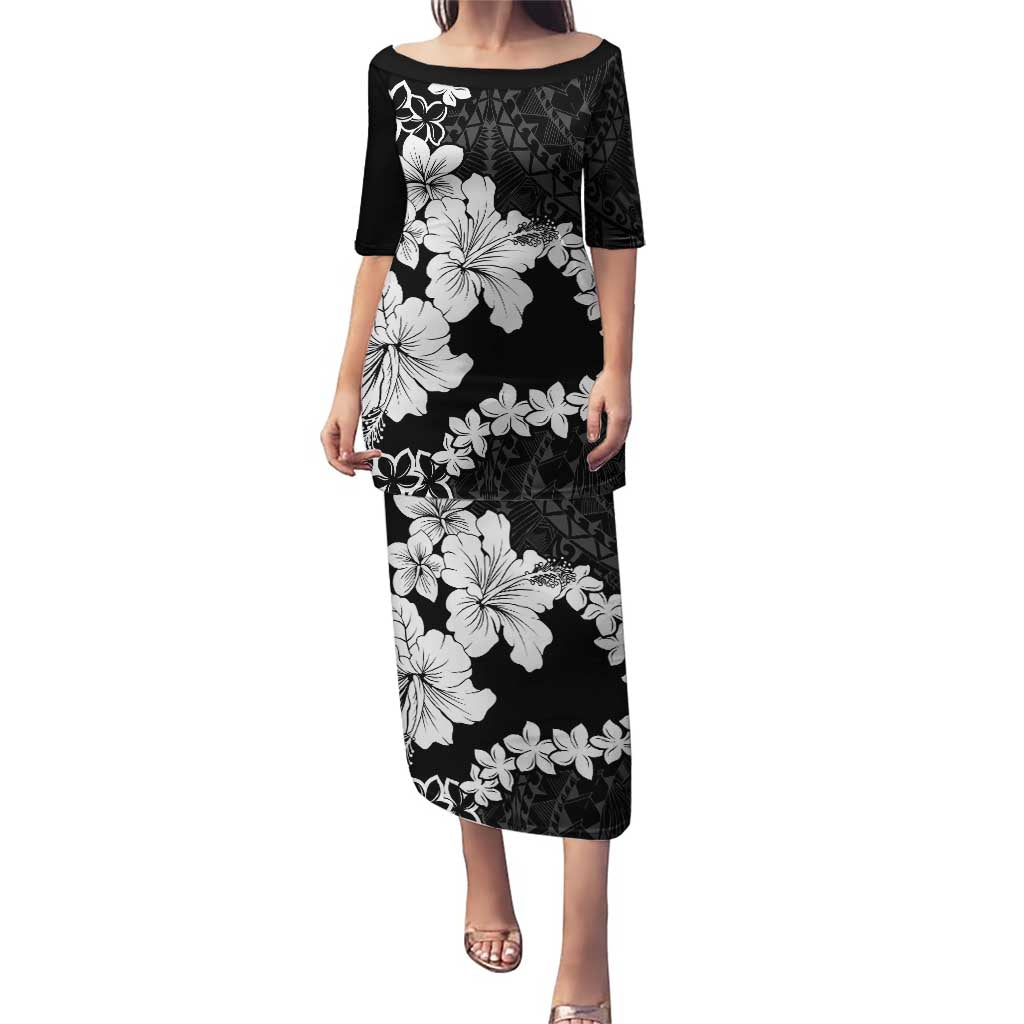 American Samoa Lotu Tamaiti Puletasi White Sunday Plumeria Black Vibe LT9 Long Dress Black - Polynesian Pride