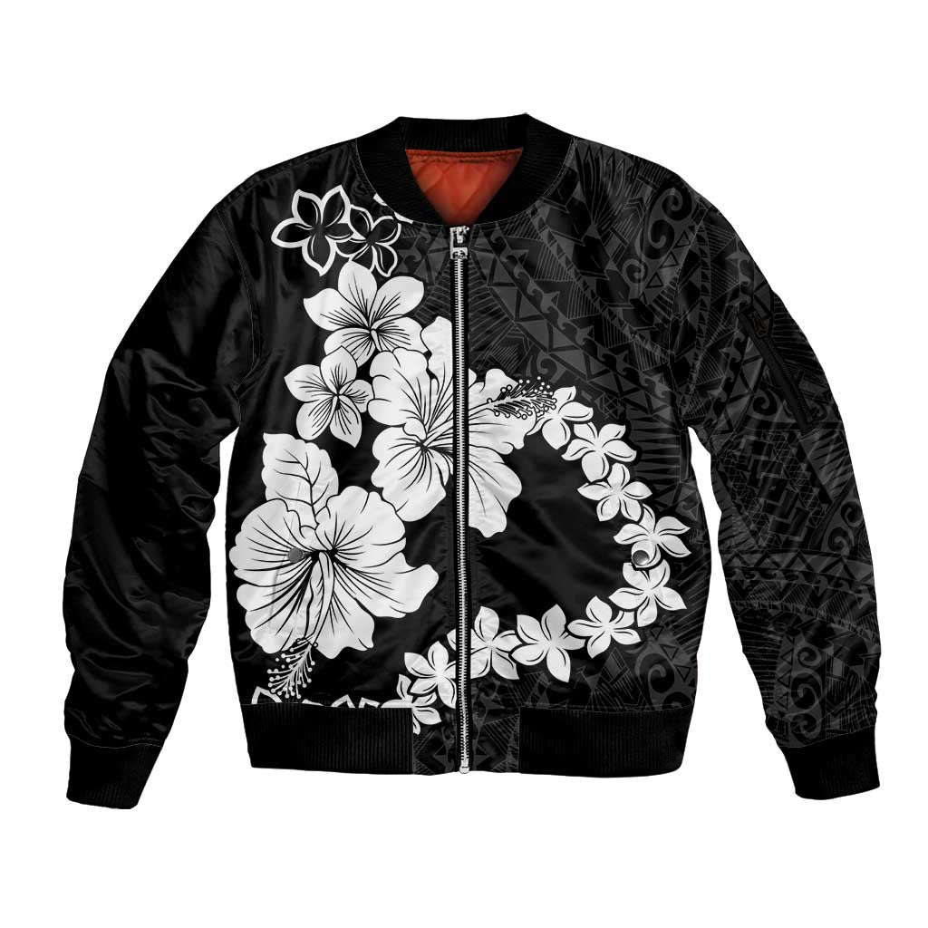 American Samoa Lotu Tamaiti Sleeve Zip Bomber Jacket White Sunday Plumeria Black Vibe LT9 Unisex Black - Polynesian Pride