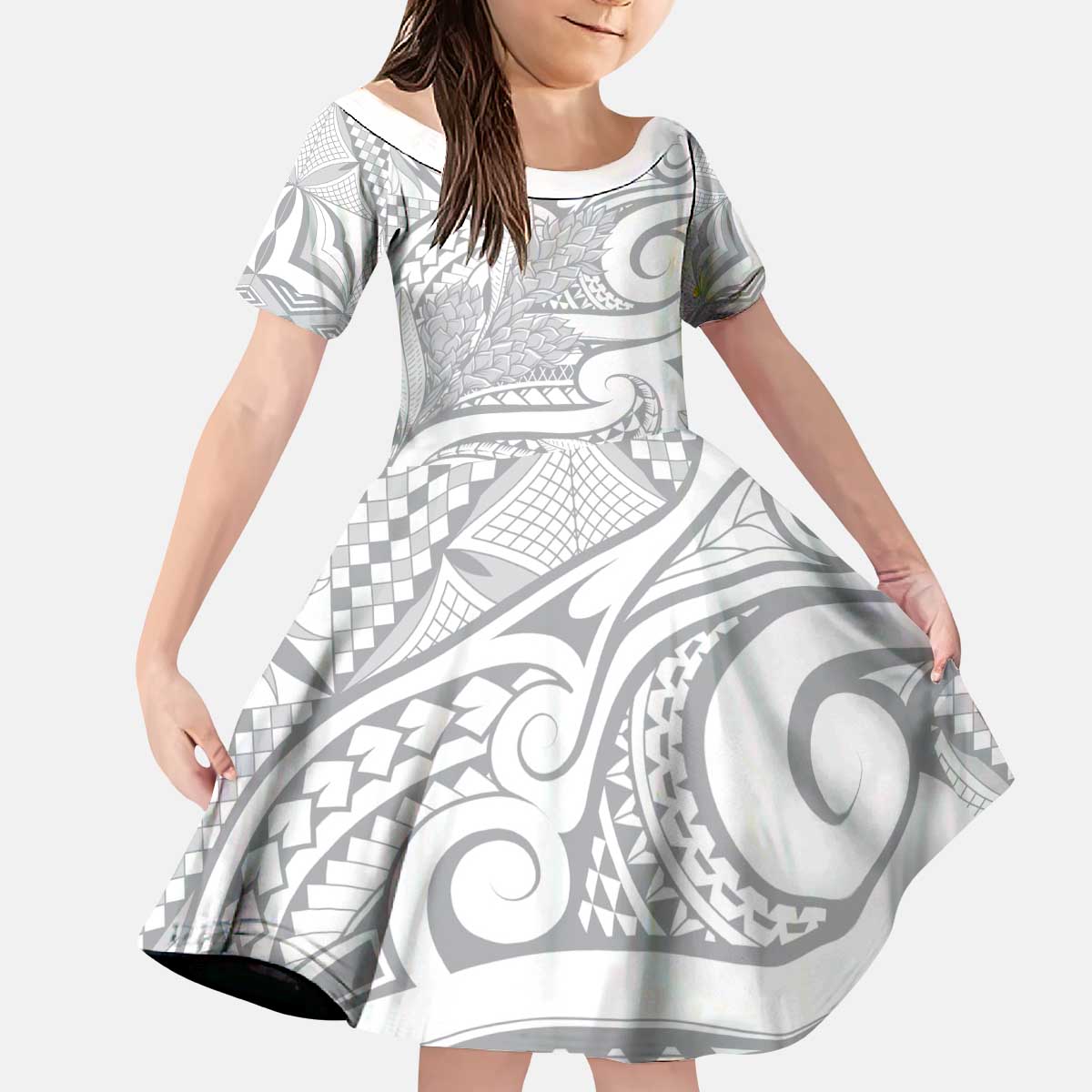 Lotu Tamaiti Samoa Siapo Kid Short Sleeve Dress White Sunday With Teuila Torch Ginger LT9 KID White - Polynesian Pride