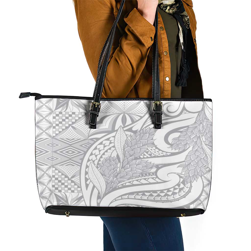 Lotu Tamaiti Samoa Siapo Leather Tote Bag White Sunday With Teuila Torch Ginger LT9 - Polynesian Pride