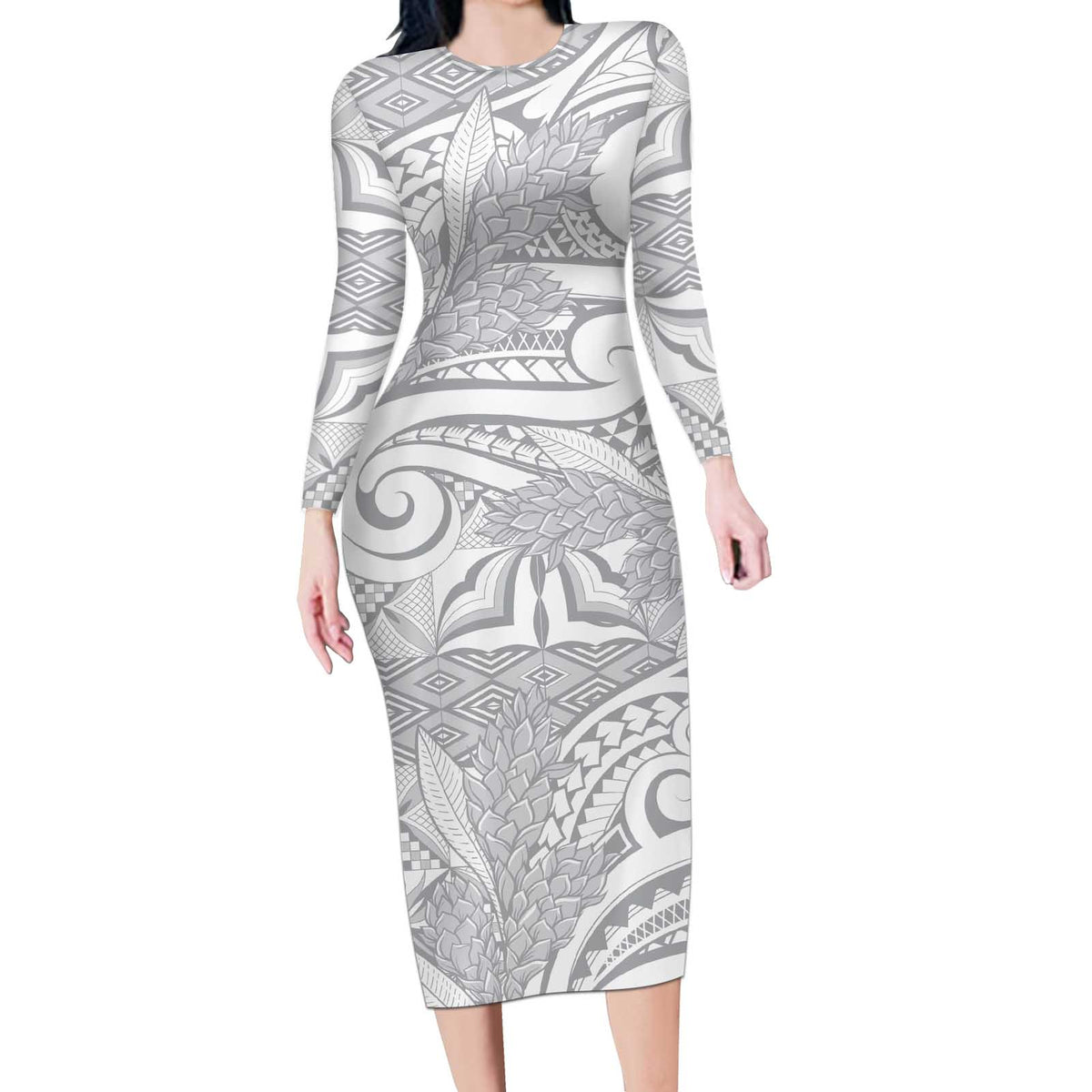 Lotu Tamaiti Samoa Siapo Long Sleeve Bodycon Dress White Sunday With Teuila Torch Ginger LT9 Long Dress White - Polynesian Pride