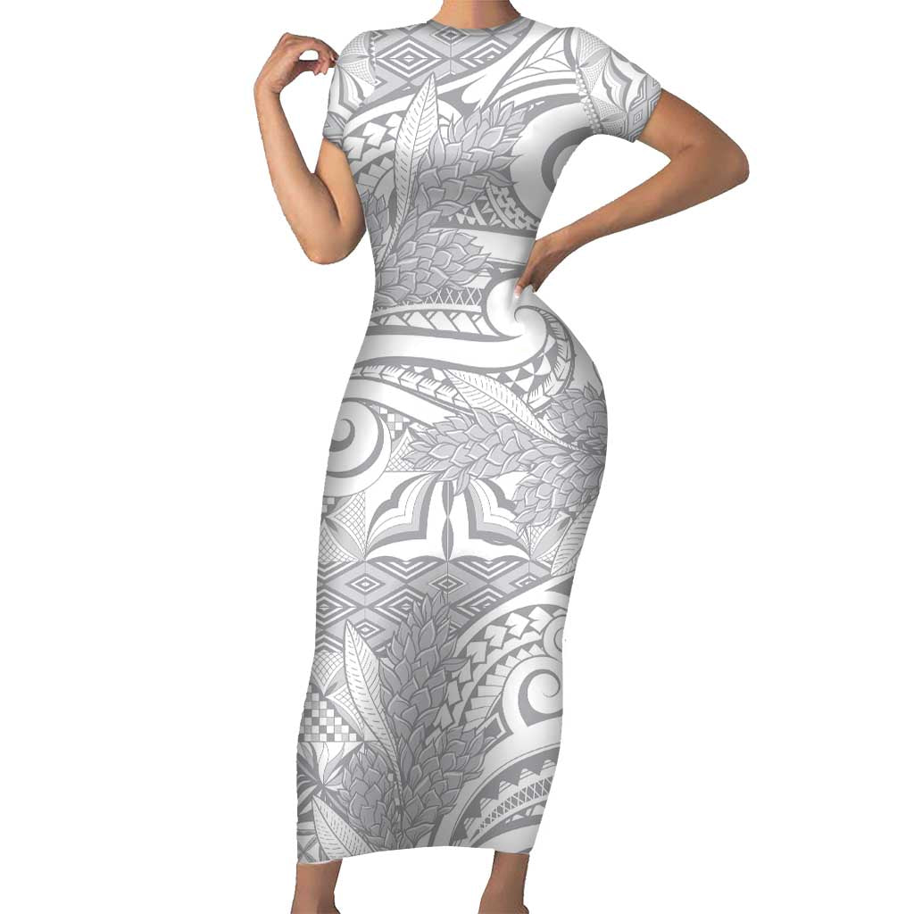 Lotu Tamaiti Samoa Siapo Short Sleeve Bodycon Dress White Sunday With Teuila Torch Ginger LT9 Long Dress White - Polynesian Pride
