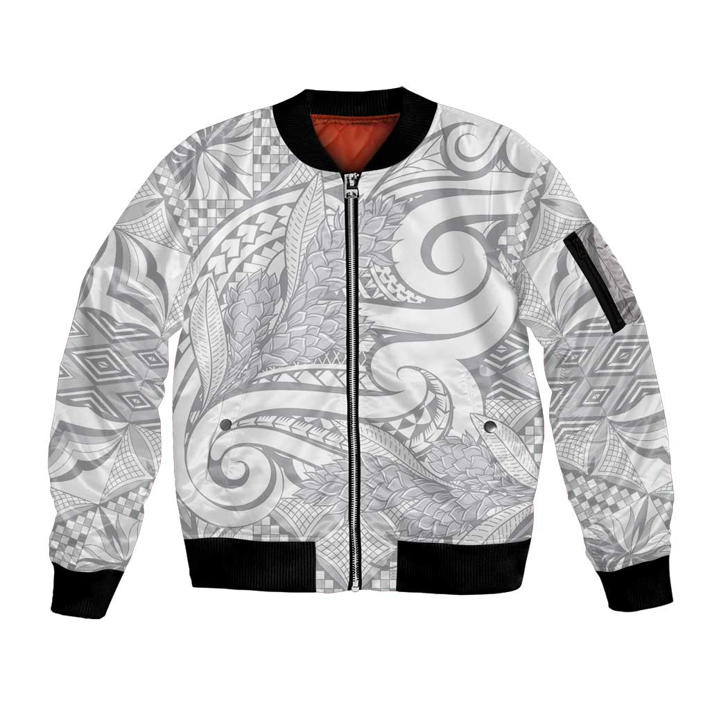 Lotu Tamaiti Samoa Siapo Sleeve Zip Bomber Jacket White Sunday With Teuila Torch Ginger LT9 Unisex White - Polynesian Pride
