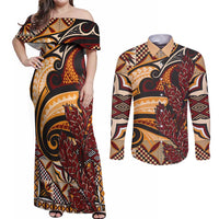 Vintage Samoa Siapo Couples Matching Off Shoulder Maxi Dress and Long Sleeve Button Shirt With Teuila Torch Ginger LT9 Art - Polynesian Pride