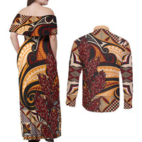 Vintage Samoa Siapo Couples Matching Off Shoulder Maxi Dress and Long Sleeve Button Shirt With Teuila Torch Ginger LT9 - Polynesian Pride