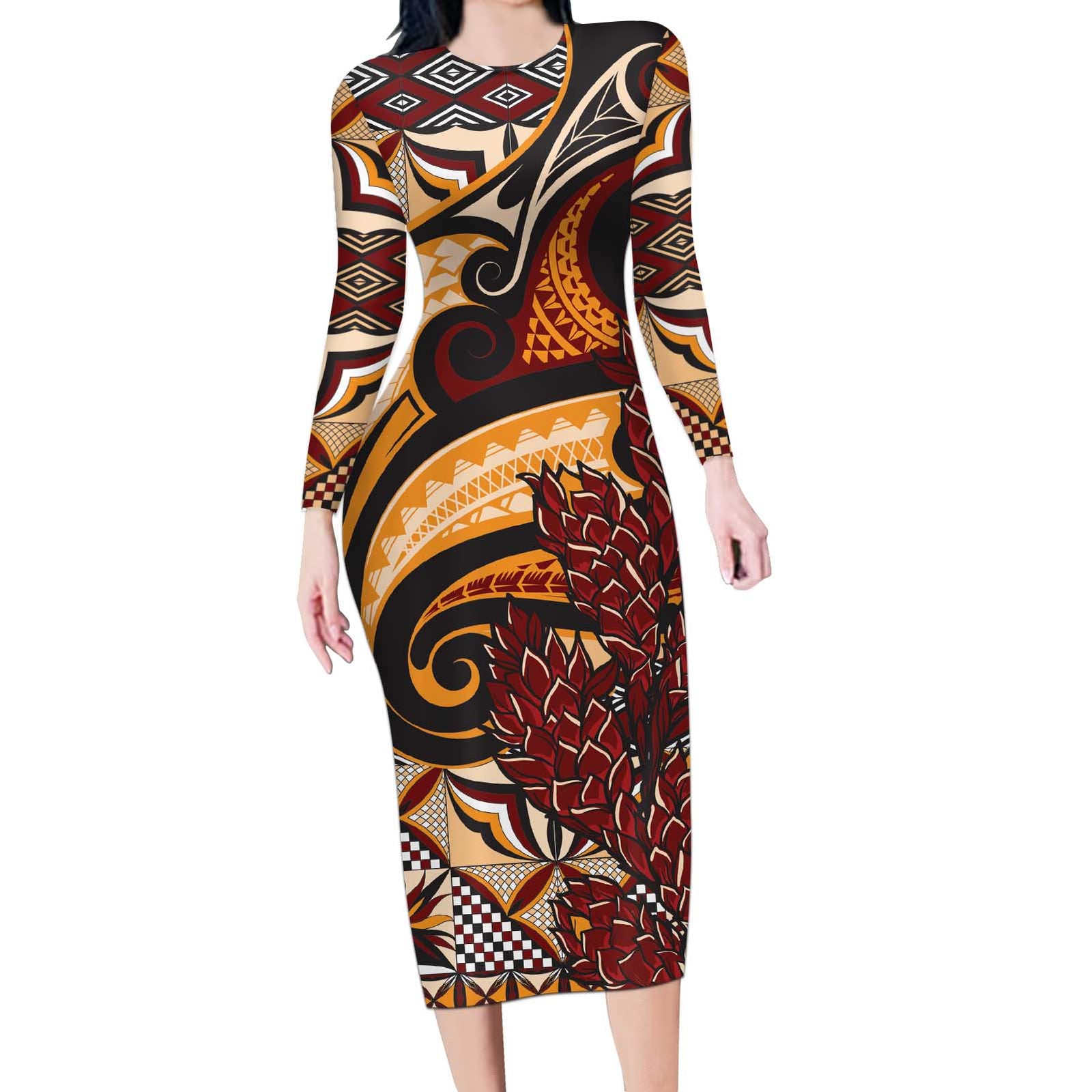 Vintage Samoa Siapo Long Sleeve Bodycon Dress With Teuila Torch Ginger LT9 Long Dress Art - Polynesian Pride